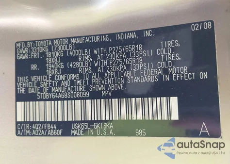 2008 Toyota Sequoia Sr5 5.7L V8 z USA, uszkodzony, nr VIN 5TDBY64A68S008099